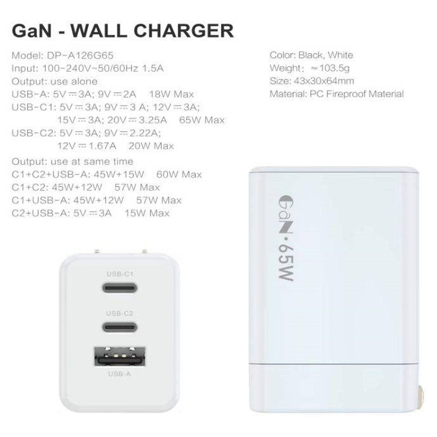 65W Porous GaN Charging Plug with 1 USB-A and 2 USB-C 7