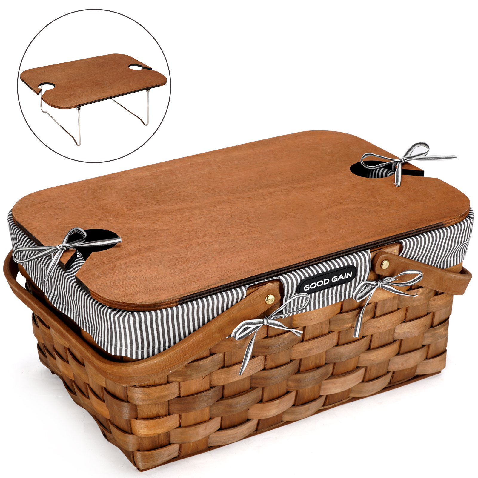 Woodchip Picnic Basket with Portable Wine Table 1