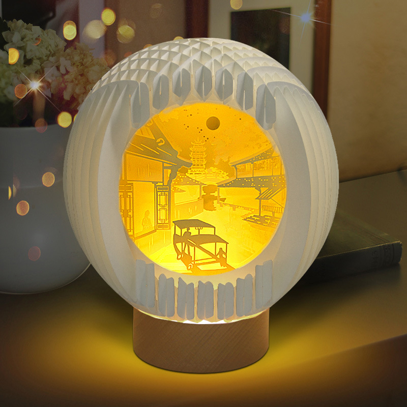 3D Paper Art Table Lamp With Wood Base 2