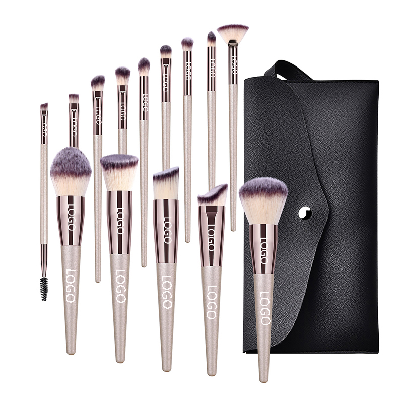 Champagne 14Pcs Premium Powder Concealers Eye shadows Blush Makeup Brushes Set 2