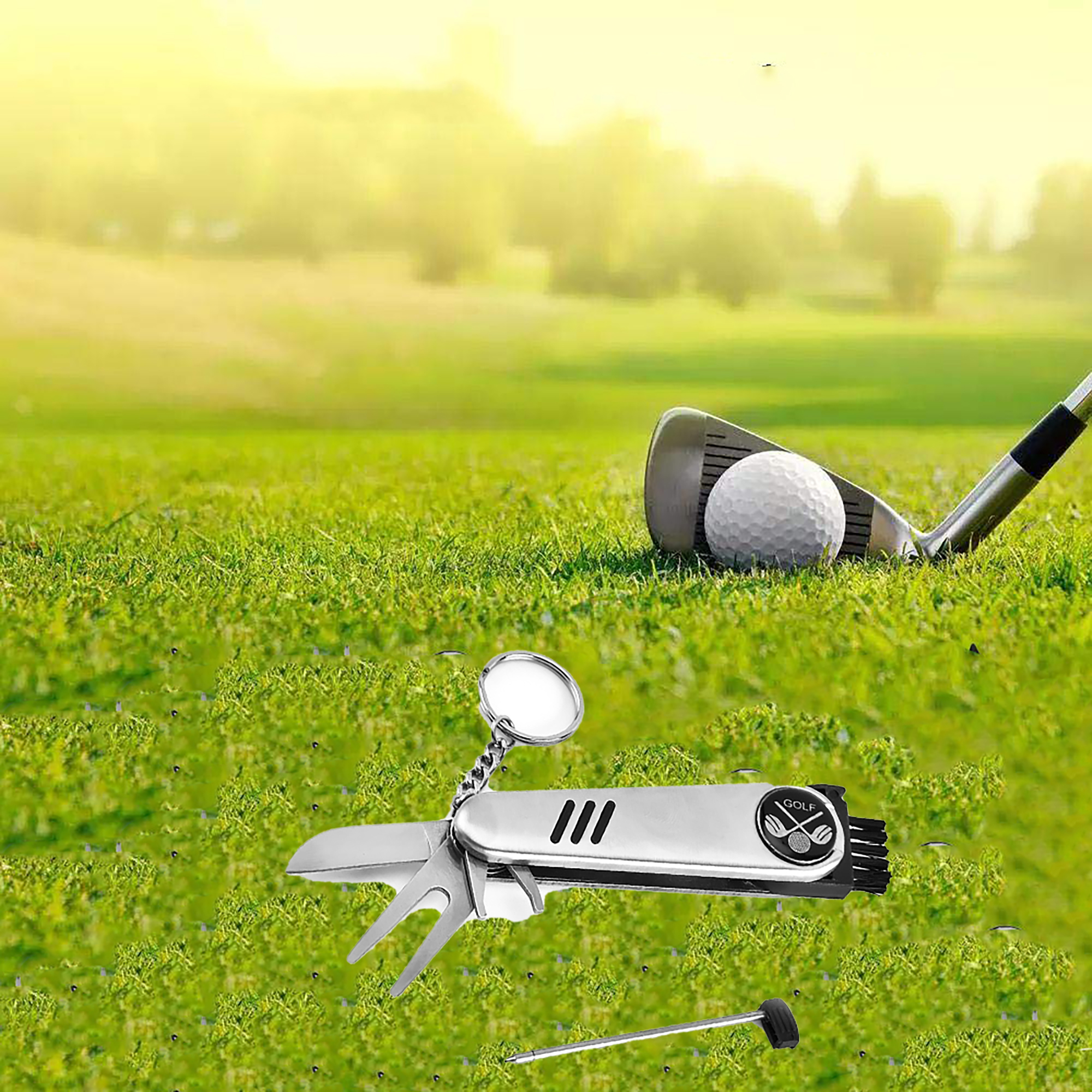 7-in-1 Stainless Steel Golf Tool with Key Ring and Multiple Functions 7