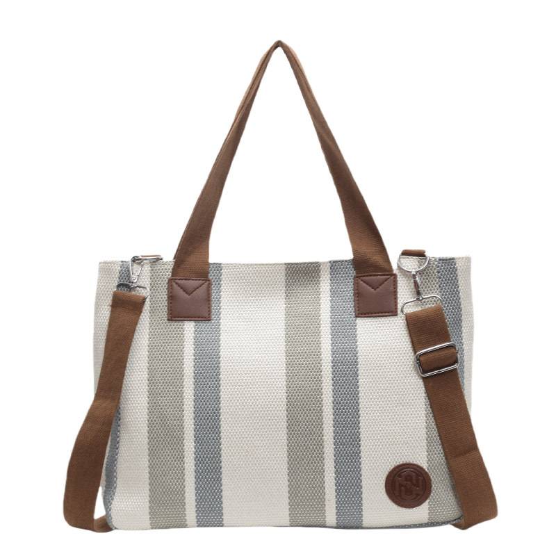 Striped Canvas Tote Bag W/ Large Capacity 2