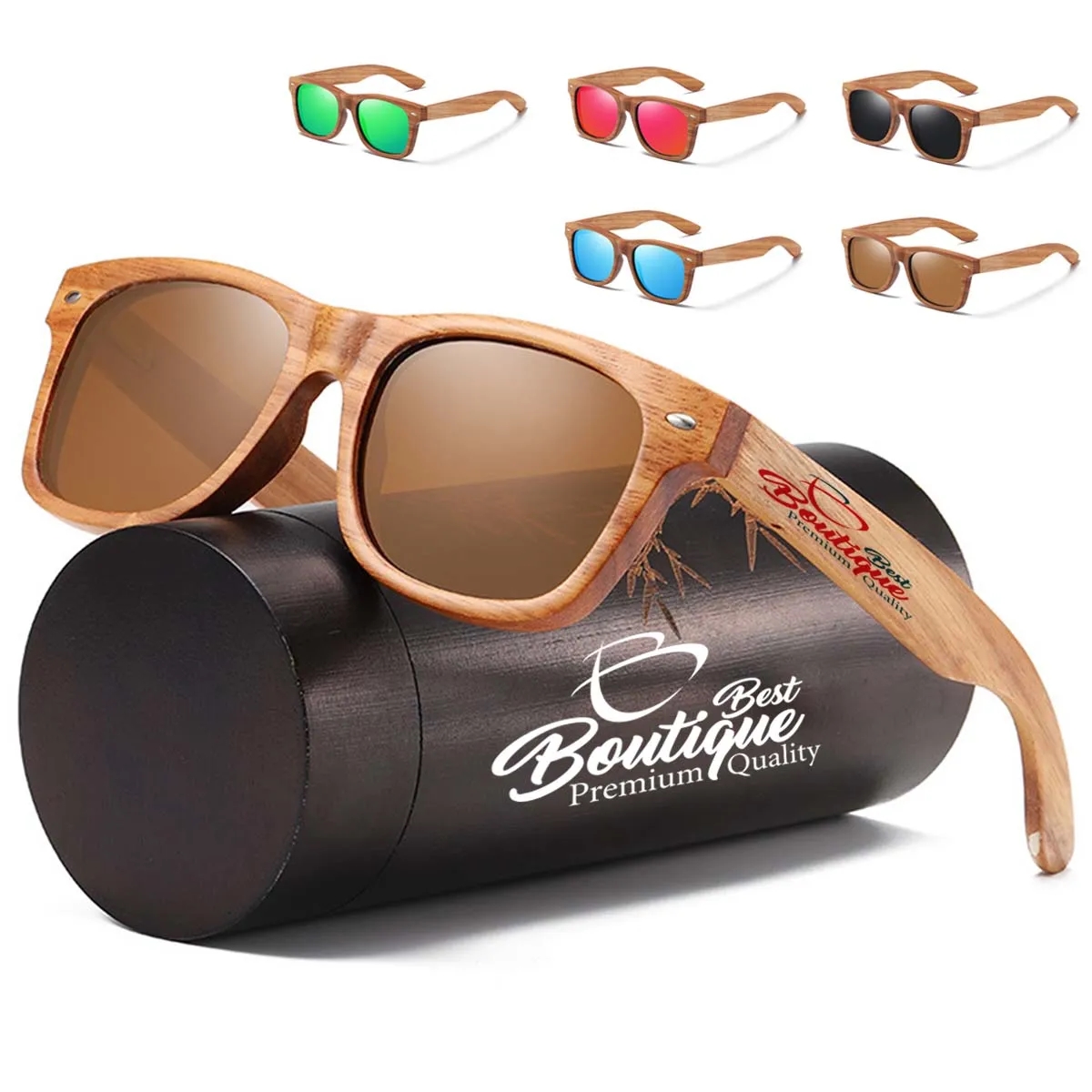 UV400 Unisex Wooden Frame Square Polarized Sunglasses 4
