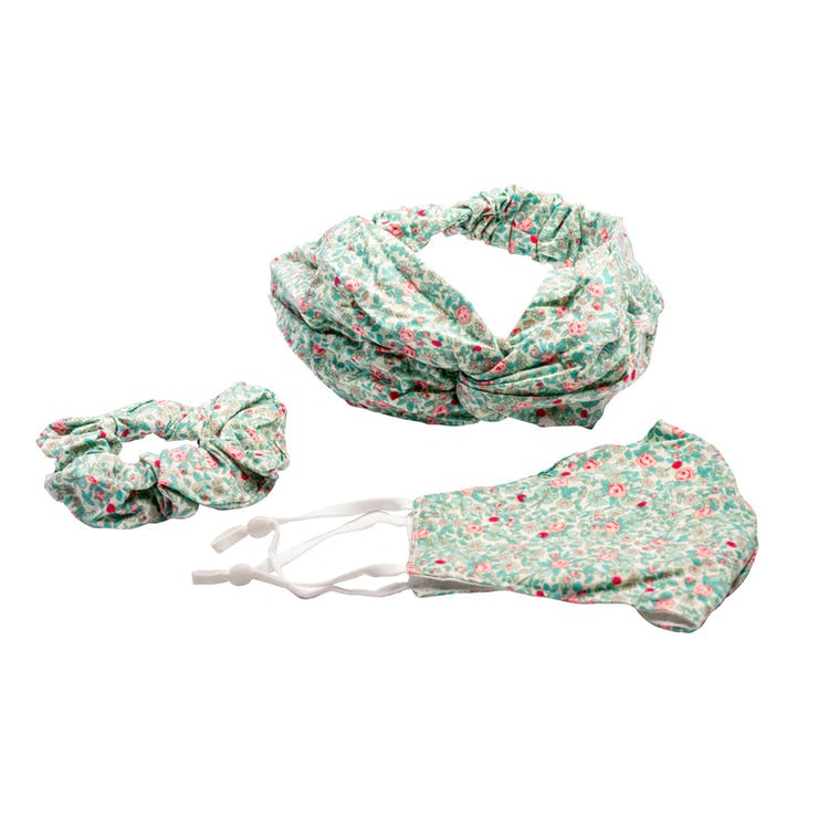 3-Piece Fashion Facemask - Headband Scrunchie Green Floral 1