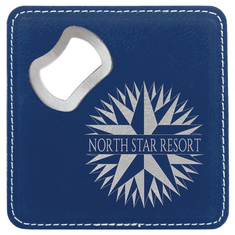 4" x 4" Square Blue/Silver Leatherette Coaster with Bottle Opener 2