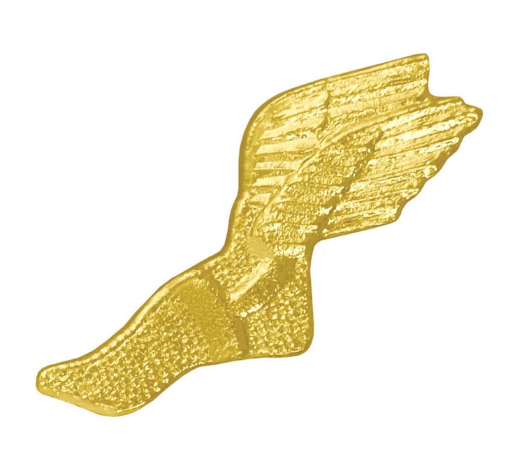 Winged Track Foot Bright Gold Chenille Lapel Pin