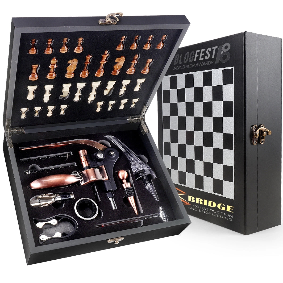 Black Wooden Box Wine Accessories With Chess Set 6