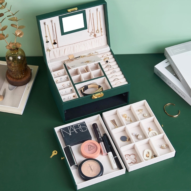 Custom 3-Layer PU Jewelry Organizer Box with Drawer & Mirror 12