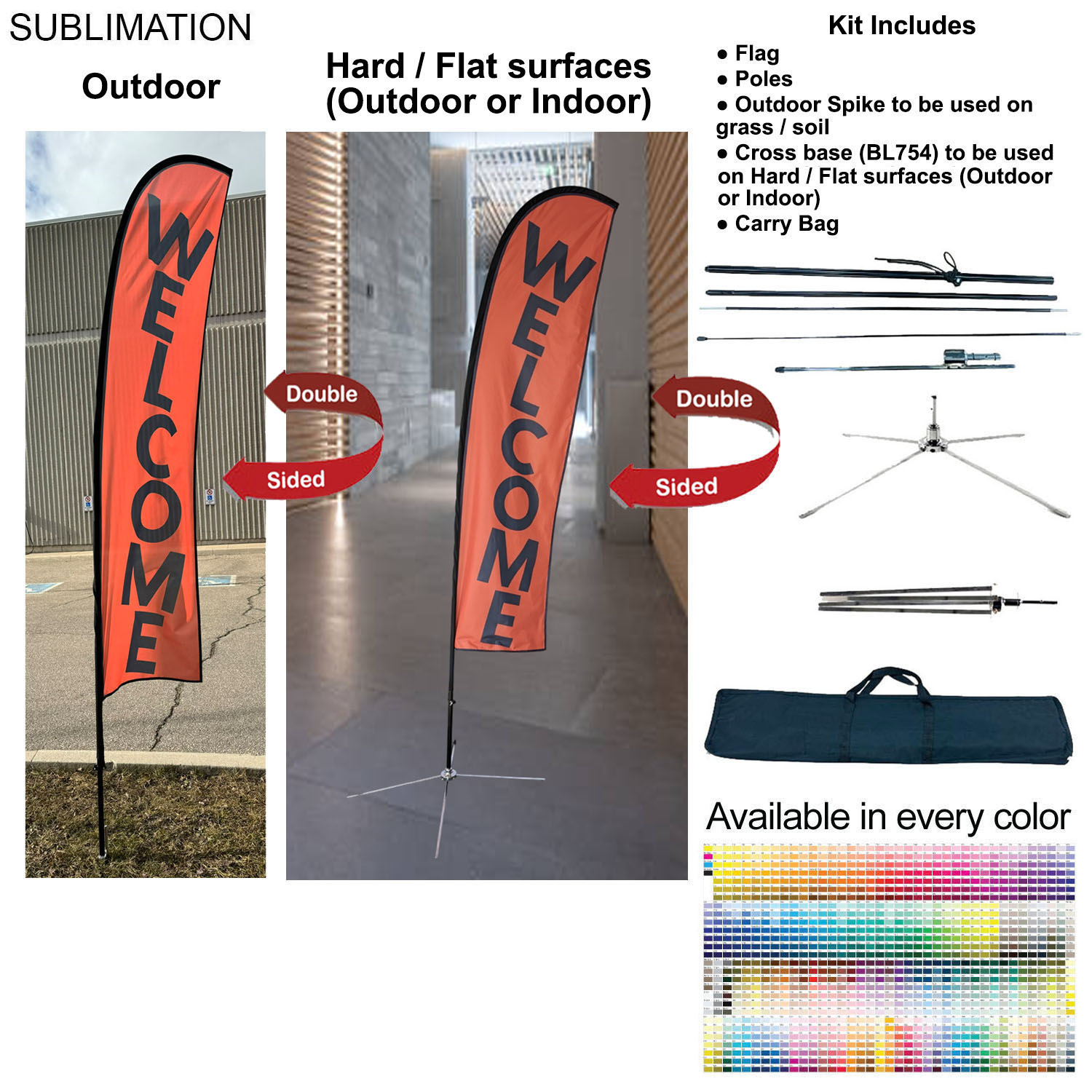 10' Small Feather Flag Kit, Full Color Graphics Double Sided, Outdoor Spike base, Indoor Cross Base 6