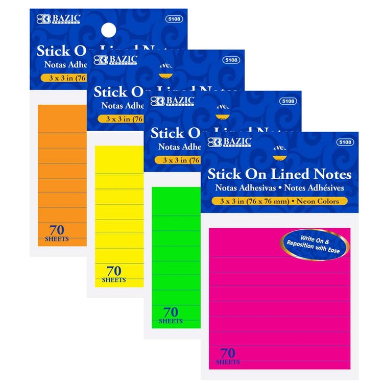 Lined Sticky Notes - 70 Sheets 3" x 3" Neon 2