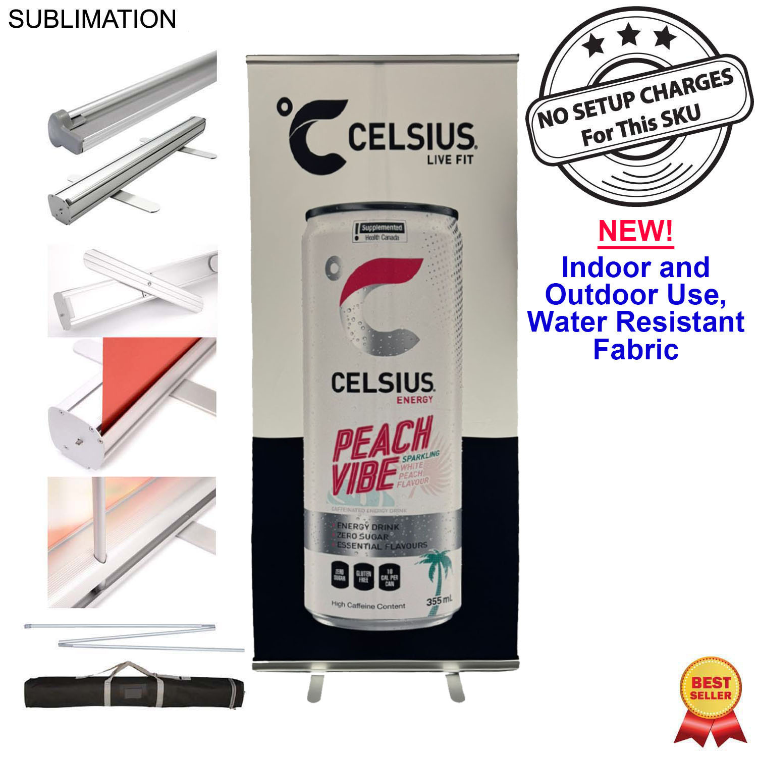 Sublimated Heavy Fabric Premium Retractable Pull Up Banner, Stand and Bag, 33.5x79, Standard base 3