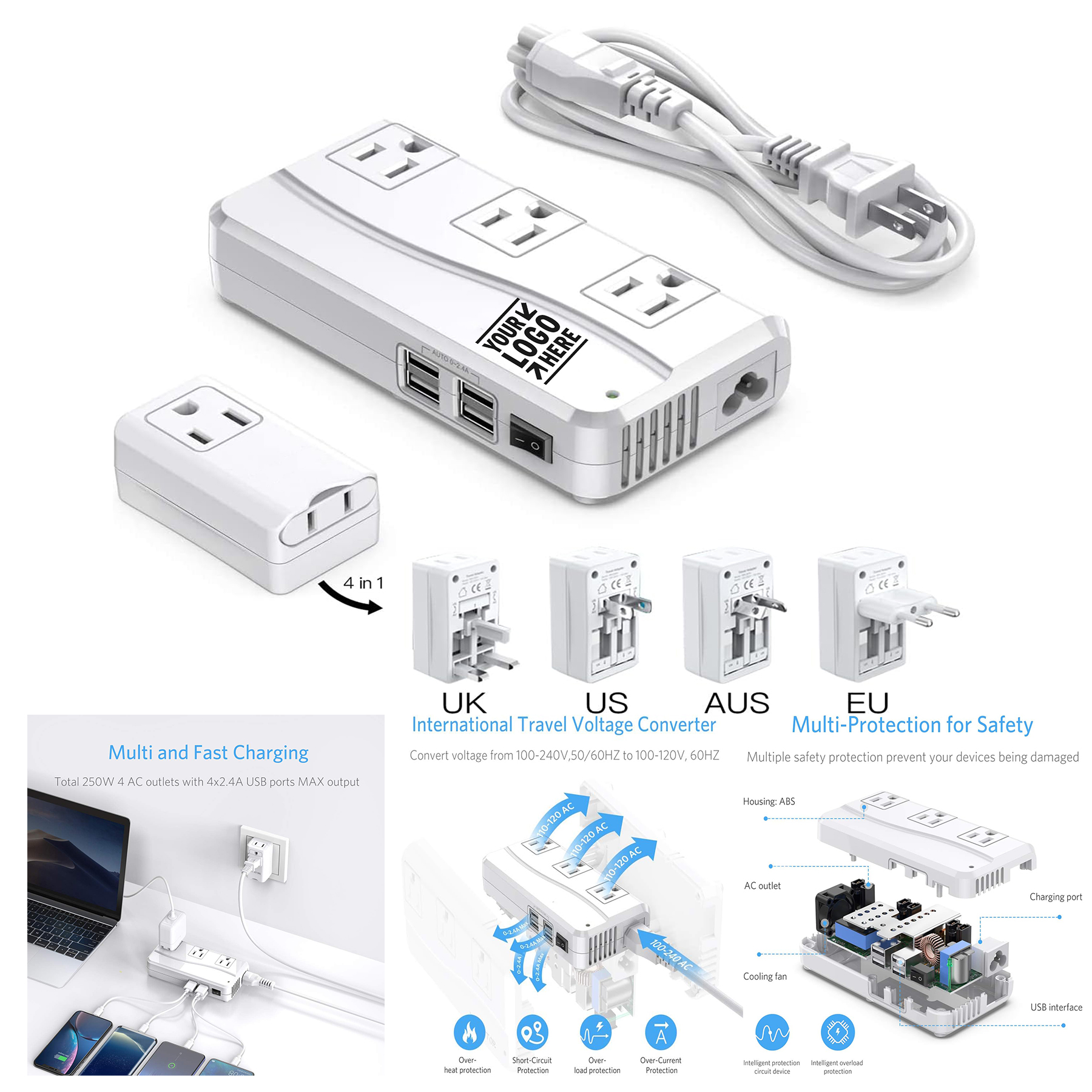 250W Power Converter 220V to 110V Voltage Converter with 8 Charging Ports Universal Adapter 1