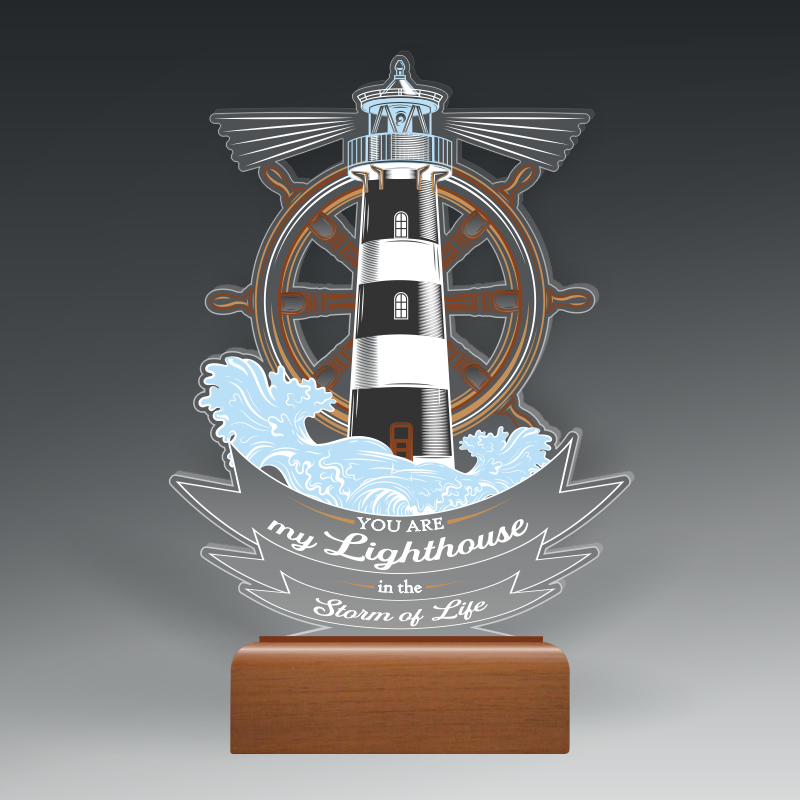 Custom Cut acrylic with color in wood base 5