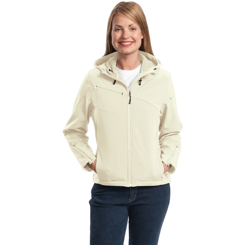 Port Authority Women's Textured Hooded Soft Shell Jacket. 3