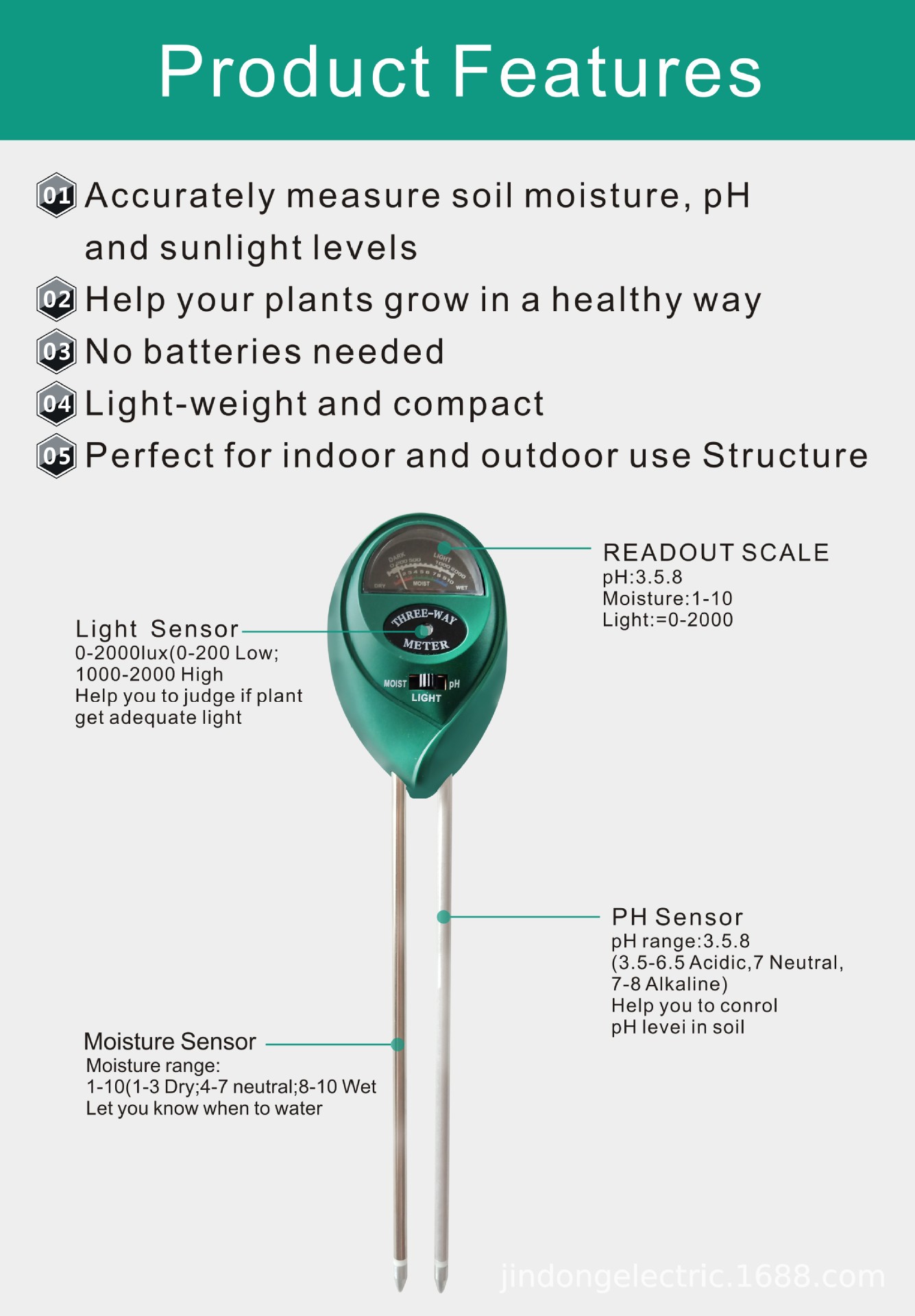 3-in-1 Soil Tester with Moisture, Light and PH 2
