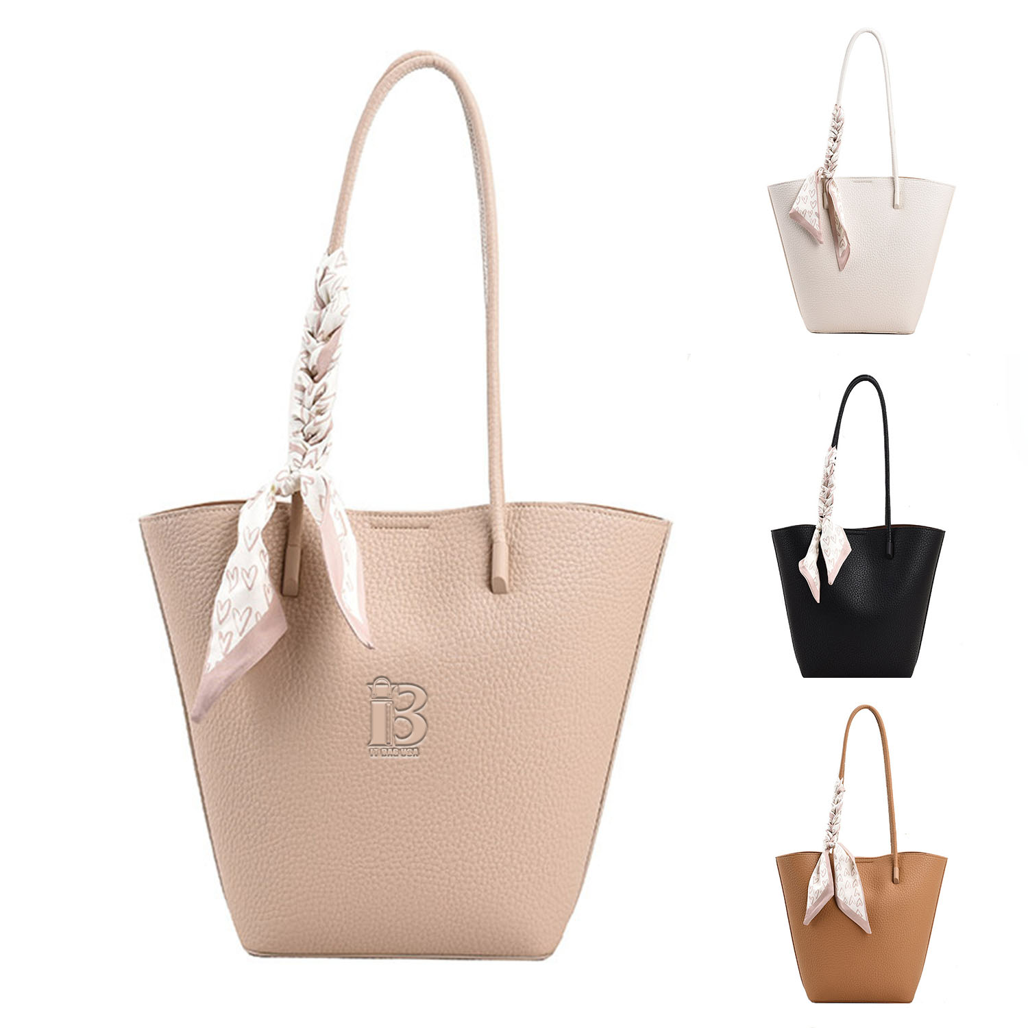 Sophisticated PU Leather Bucket Tote Bag with Silk Scarf 4