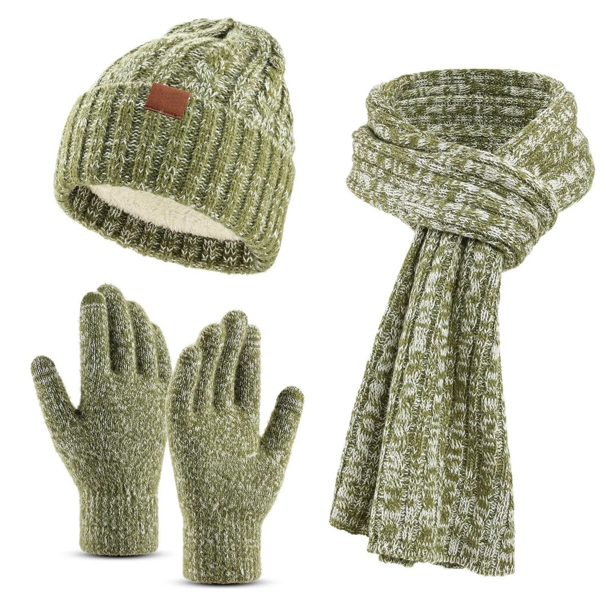 Winter Knit Warm Hat Long Scarf Touch Screen Gloves Set 4