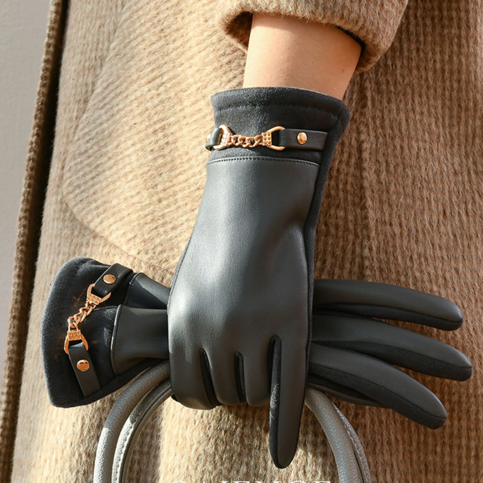 Womens Winter Leather Gloves Windproof Warm For Outdoor 1