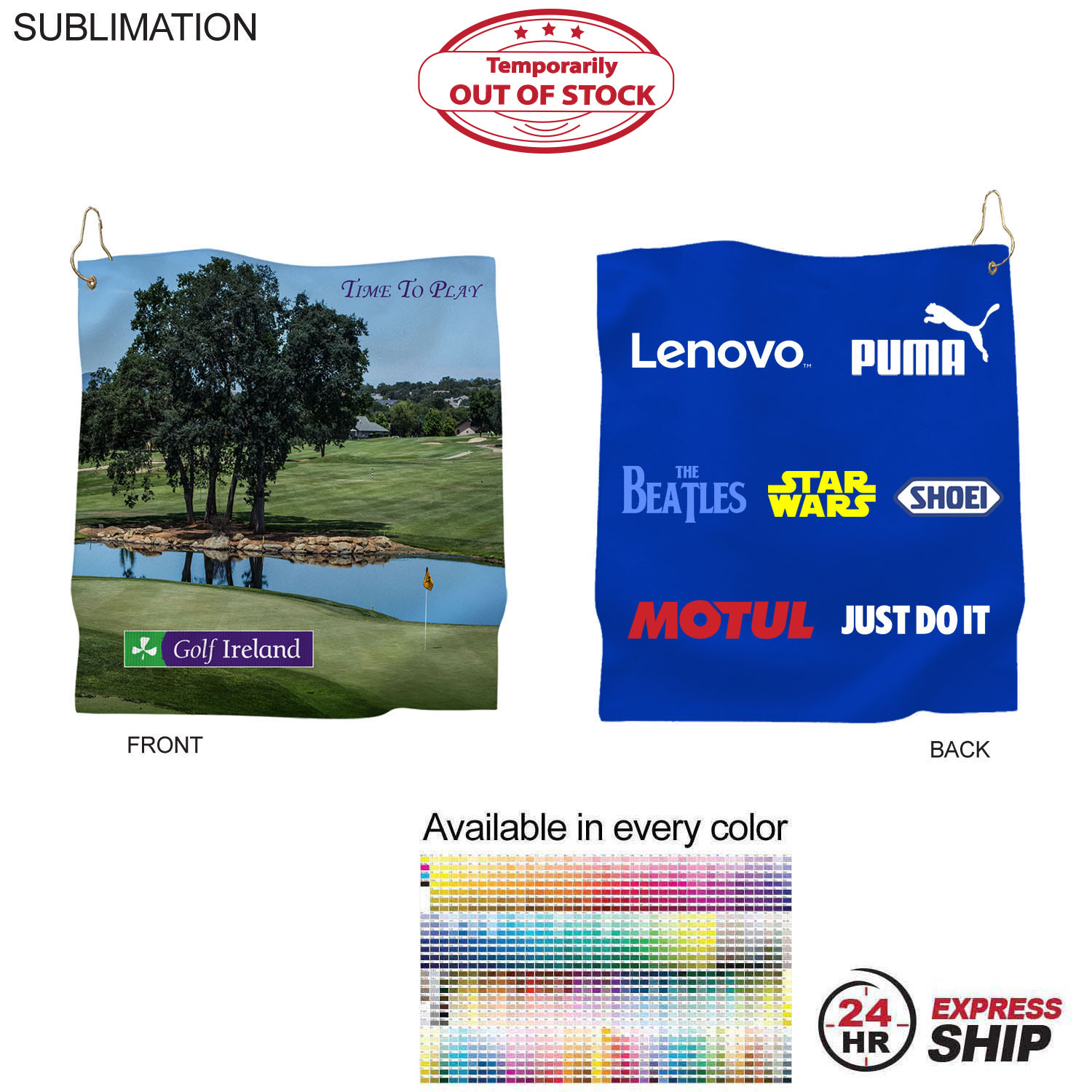 24Hr Express Ship -Microfiber Suede Shammy Golf Towel, Nofold, Finish size 15x15, Sublimated 2 sides 8