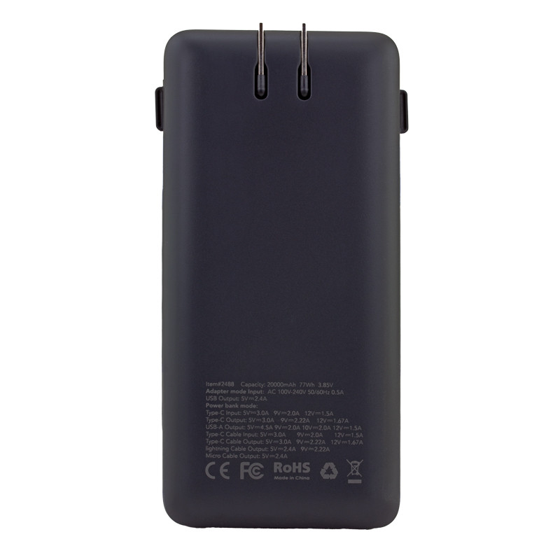 Charge All 20K Power Bank with Integrated Charging Cables and AC Plug 20