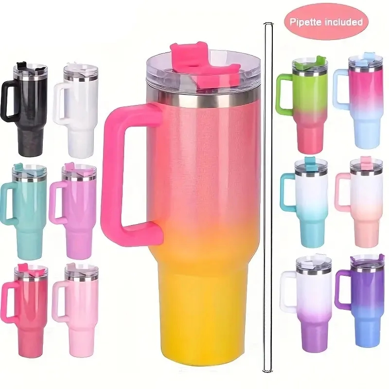 40oz Portable Rainbow Gradient Car Tumbler With Handle Straw 10