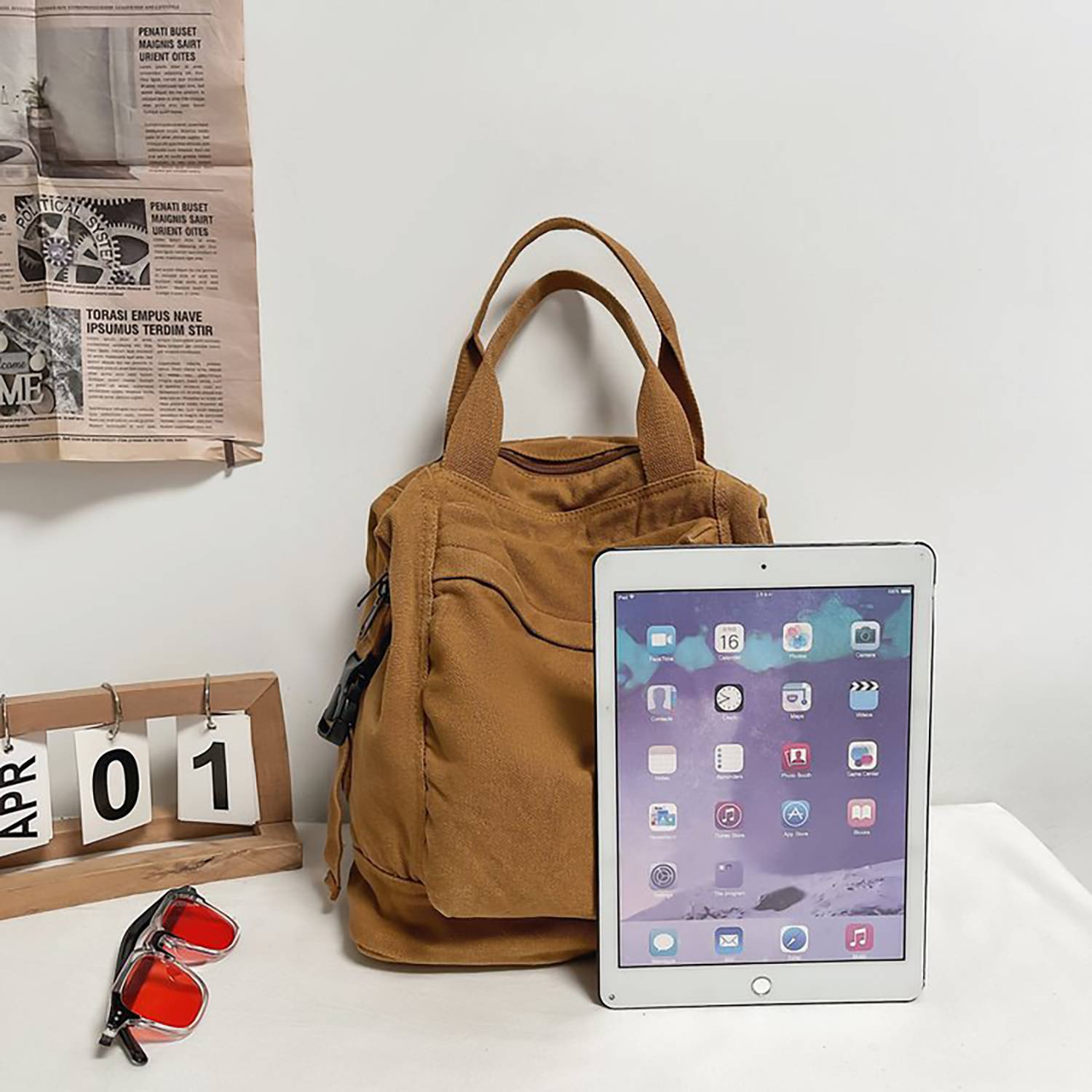 Solid-color Retro Nylon Multi-pocket Backpack 9