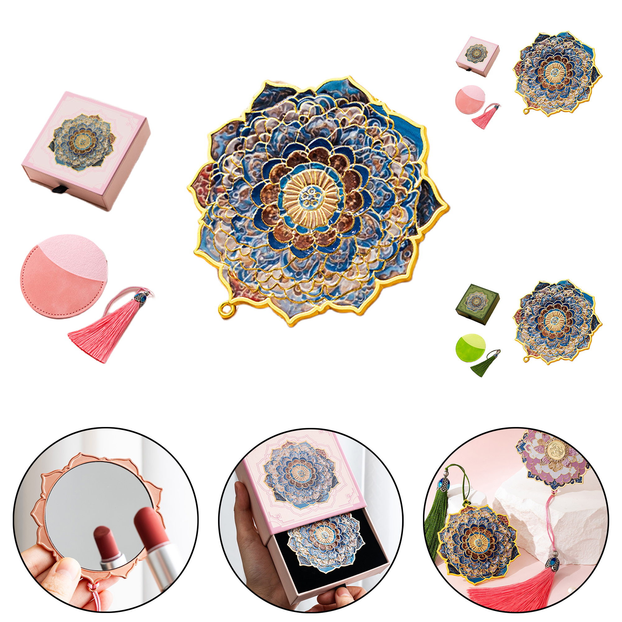 Blue Floral Portable Mirror with Embossed Texture 3