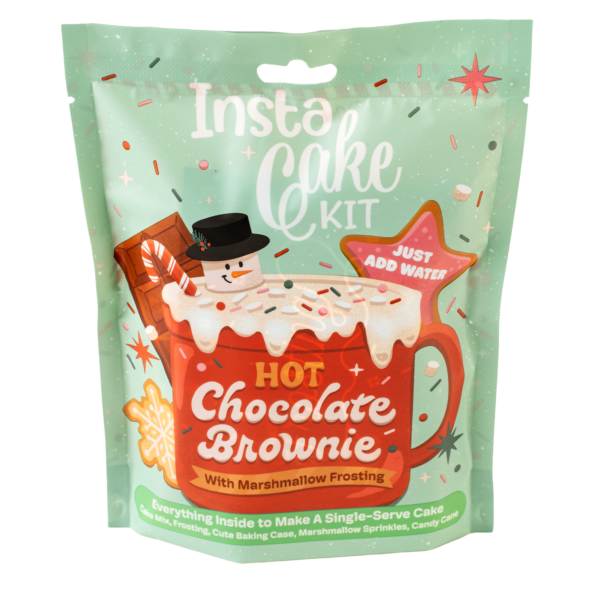 All-in-one celebration kit with a pop-up baking case, cake mix, frosting, sprinkles, candle, spoon, and water measure—just add water and microwave. 8