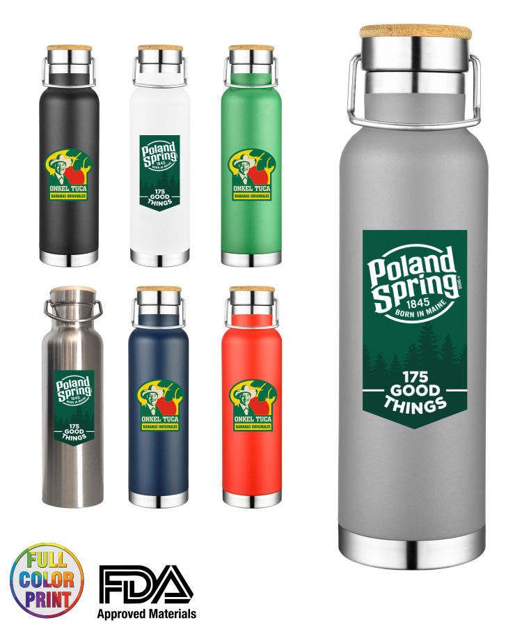 22 Oz. Powder Coated Double Wall Stainless Steel Vacuum Insulated Travel Bottle w/Bamboo Lid, custom water bottle with logo imprint 2