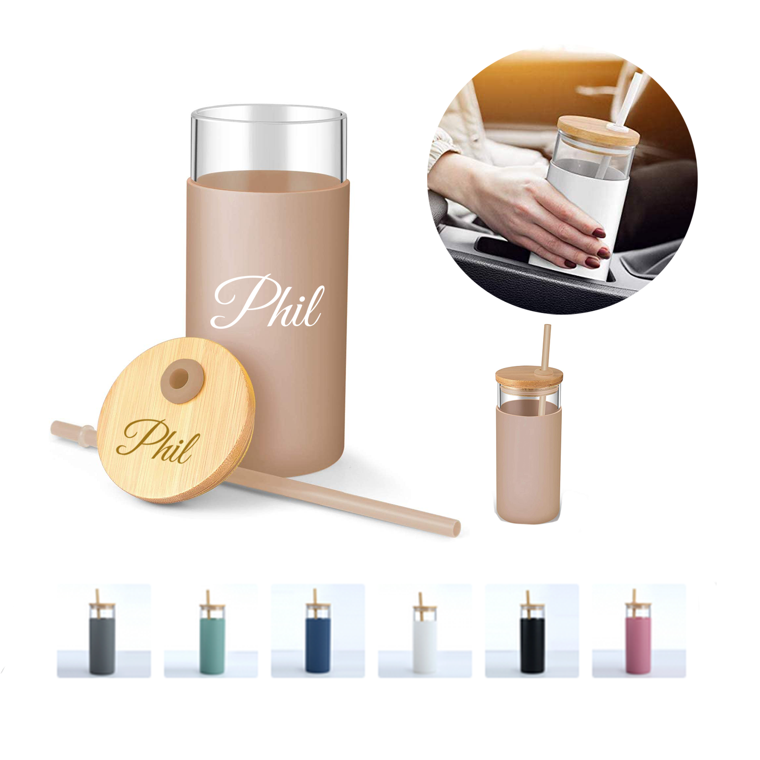 17oz Reusable Bamboo Lid Glass Cup w/ Straw 4