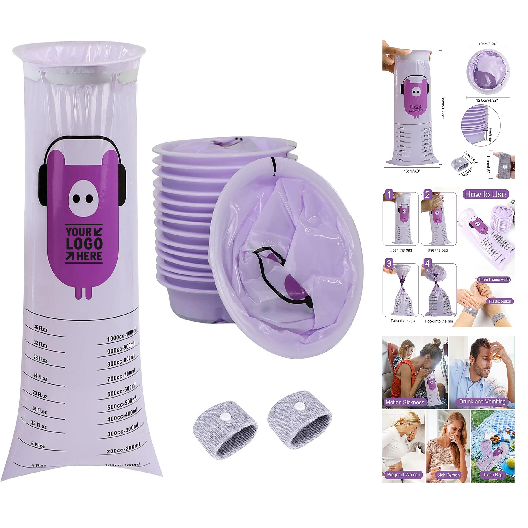 Kids Pregnant Taxis Drivers 1000ml Portable Leak Resistant Disposable Morning Sickness Vomit Bag 1