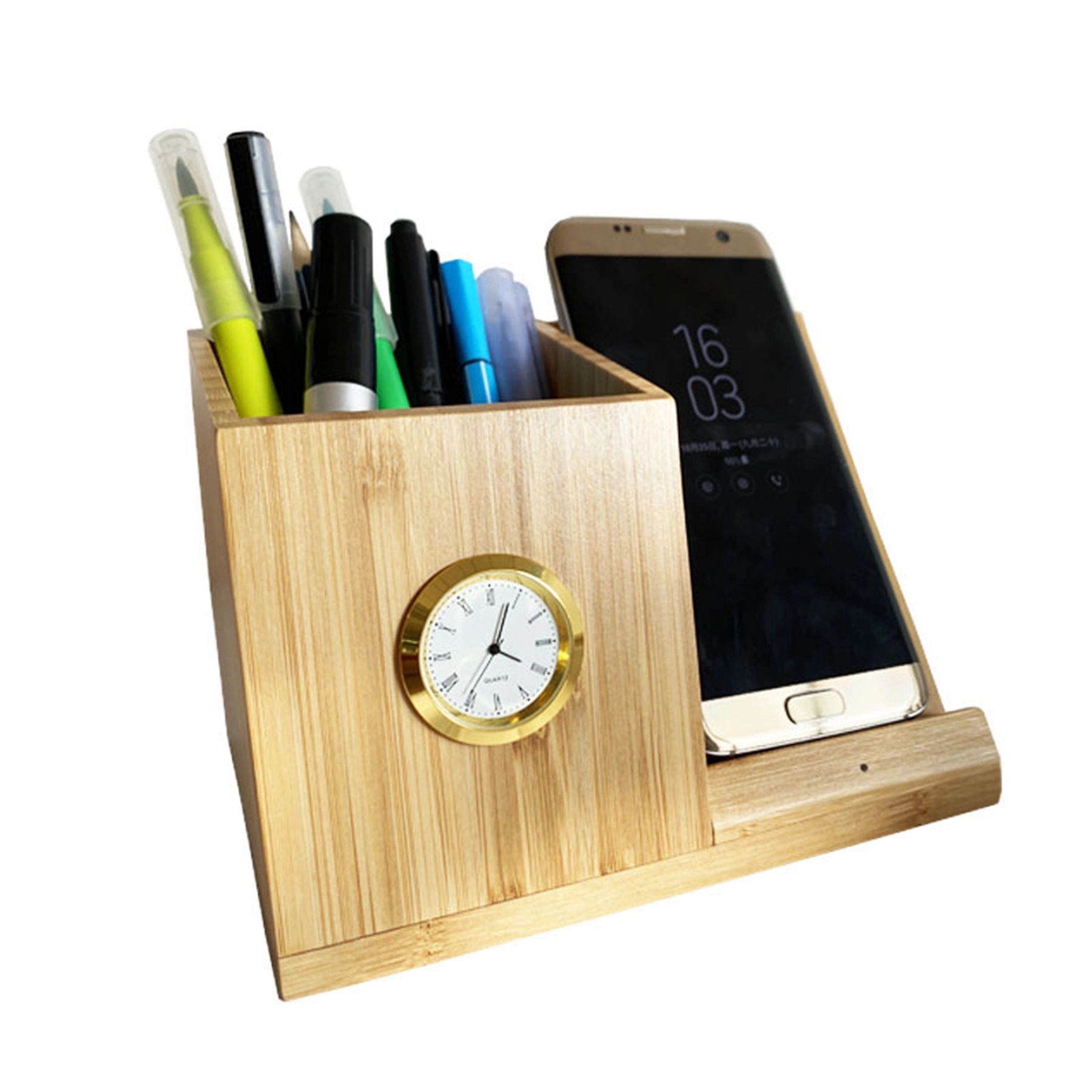 10 W Bamboo Wireless Charger Organizer with Clock 6
