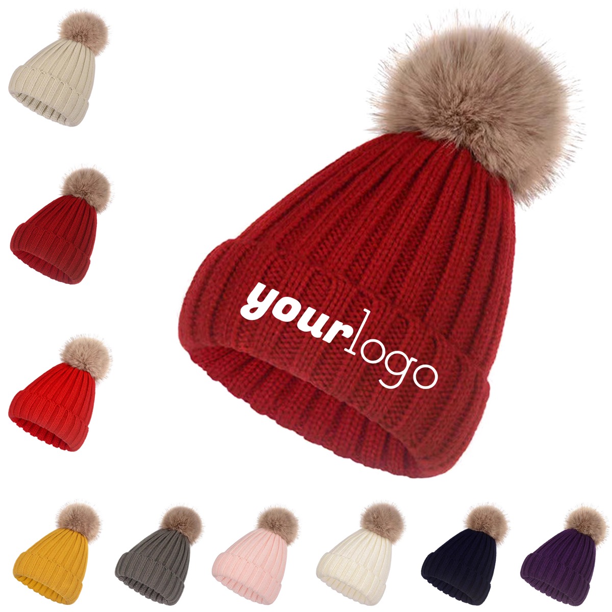 Warm Winter Beanie with Faux Fur Pompom and Fleece Lining 22