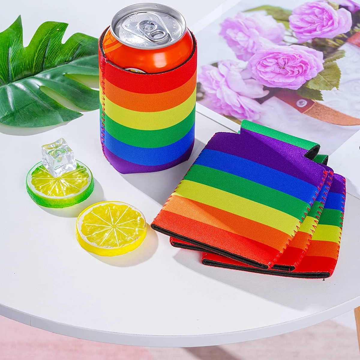 Neoprene Rainbow Can Cooler Sleeve, custom koozie with logo imprint 4