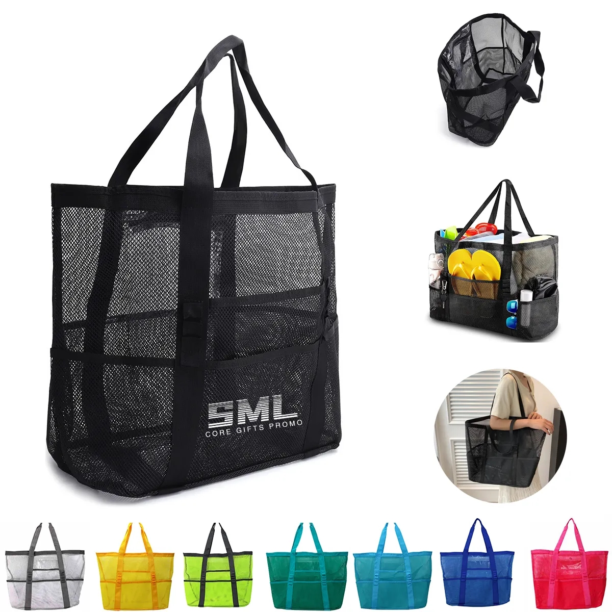 Portable Foldable Mesh Beach Tote Bag, custom tote bag with logo imprint 2