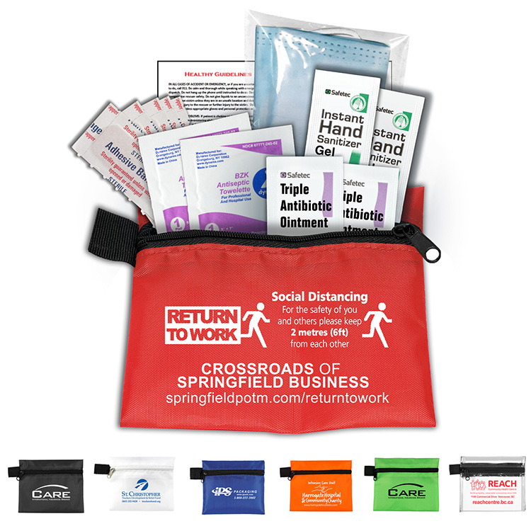 Bixby Plus San" 13 Piece Mask & Sanitizing Safety Kit inserted into Zipper Pack