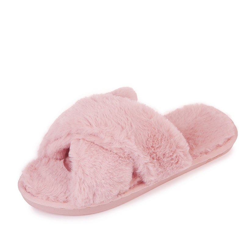 Women's Cross Band Slippers Soft Plush Furry Cozy Open Toe House Shoes 7