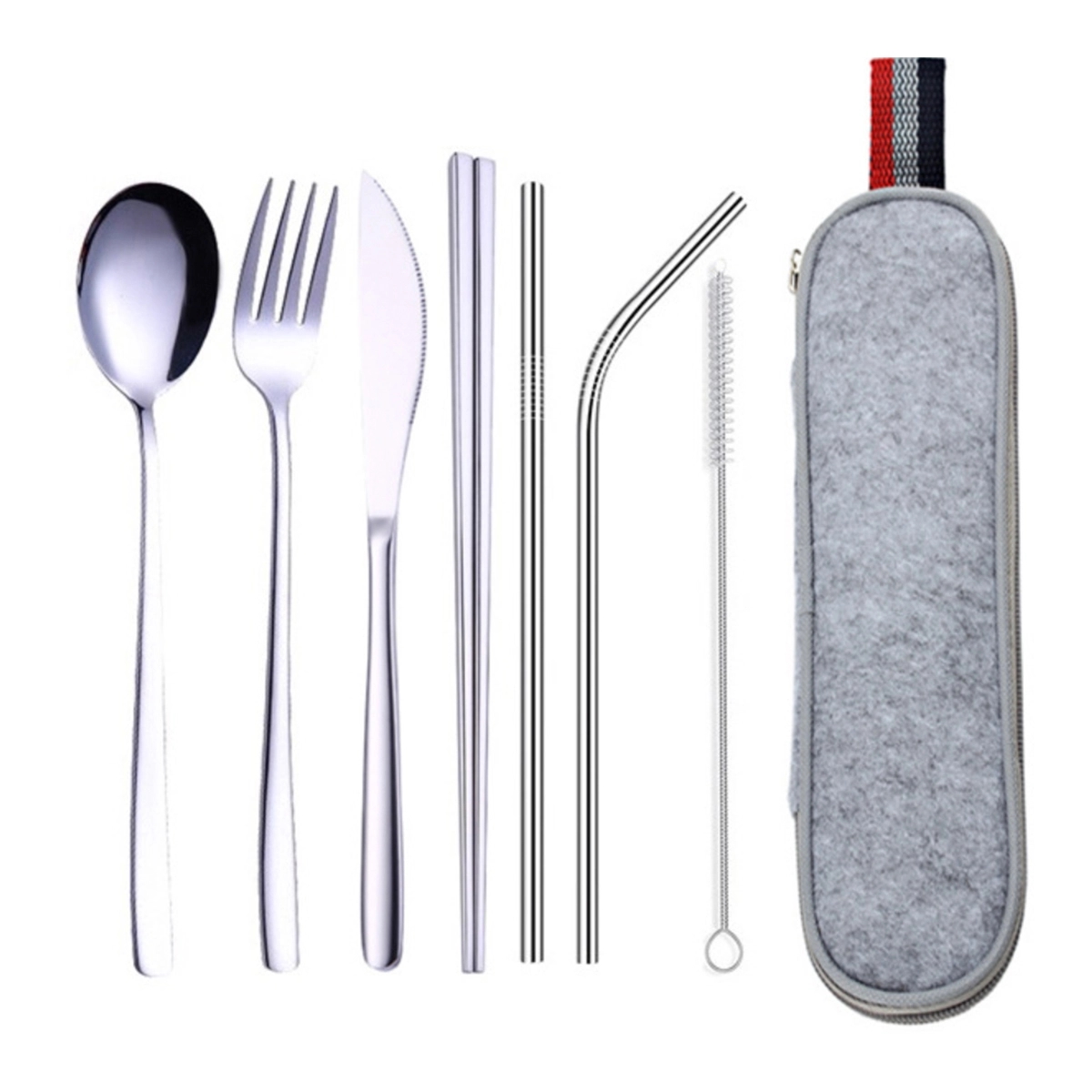 Portable 7 pcs Stainless Steel Cutlery Set w/Felt Bag 1