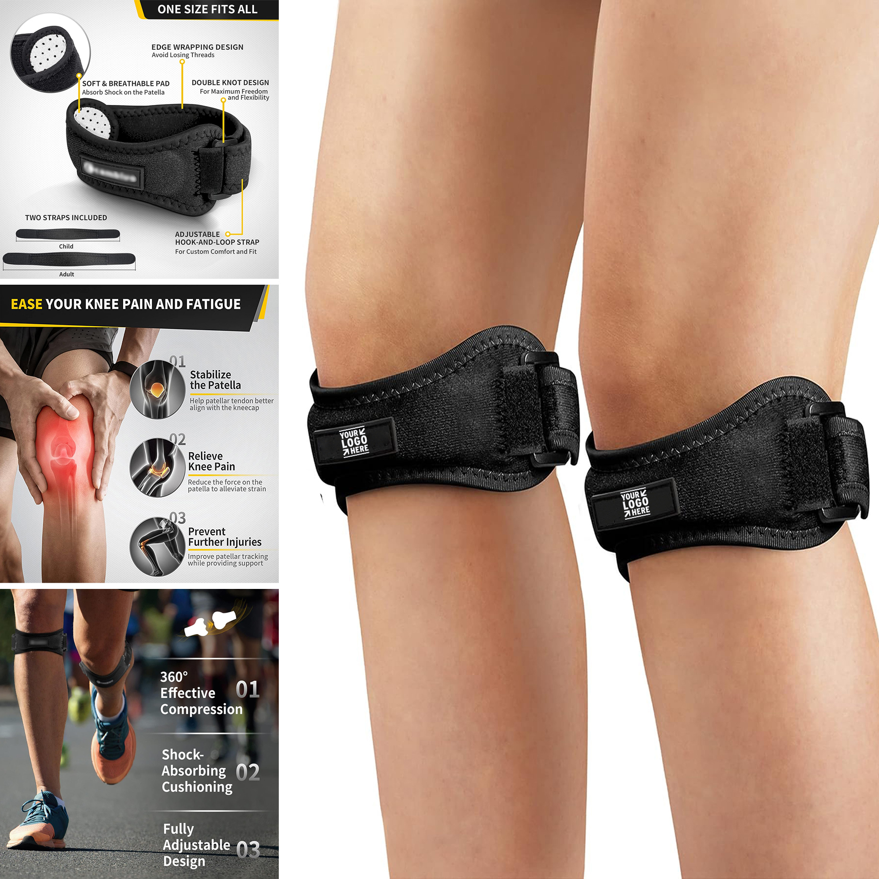 2 Pack Adjustable Knee Brace Patellar Tendon Stabilizer Support Band for Knee Pain Relief