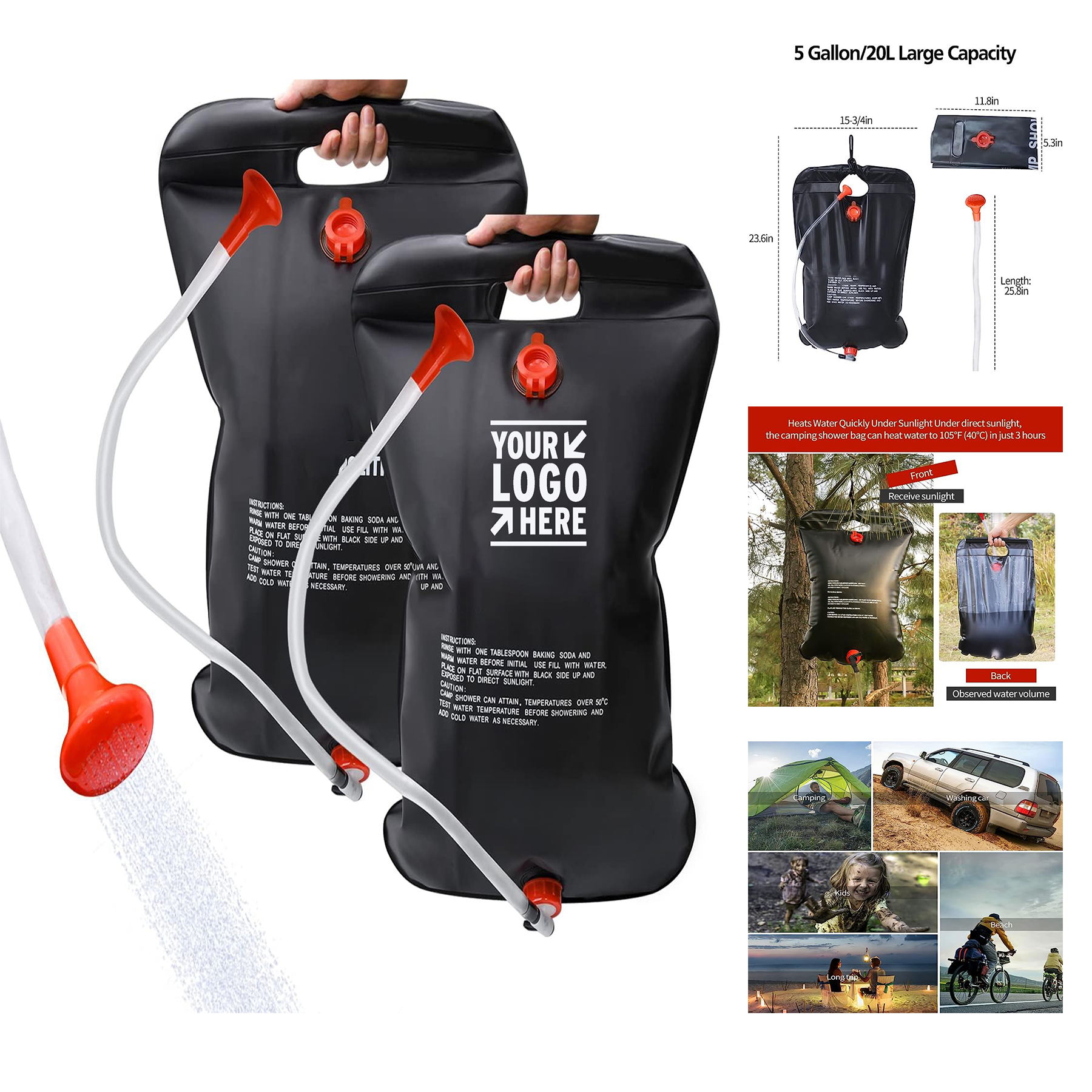 Removable Hose On-Off Switchable Head 1/2/4 Pack 5 Gallons/20L Camping Portable Solar Shower Bag