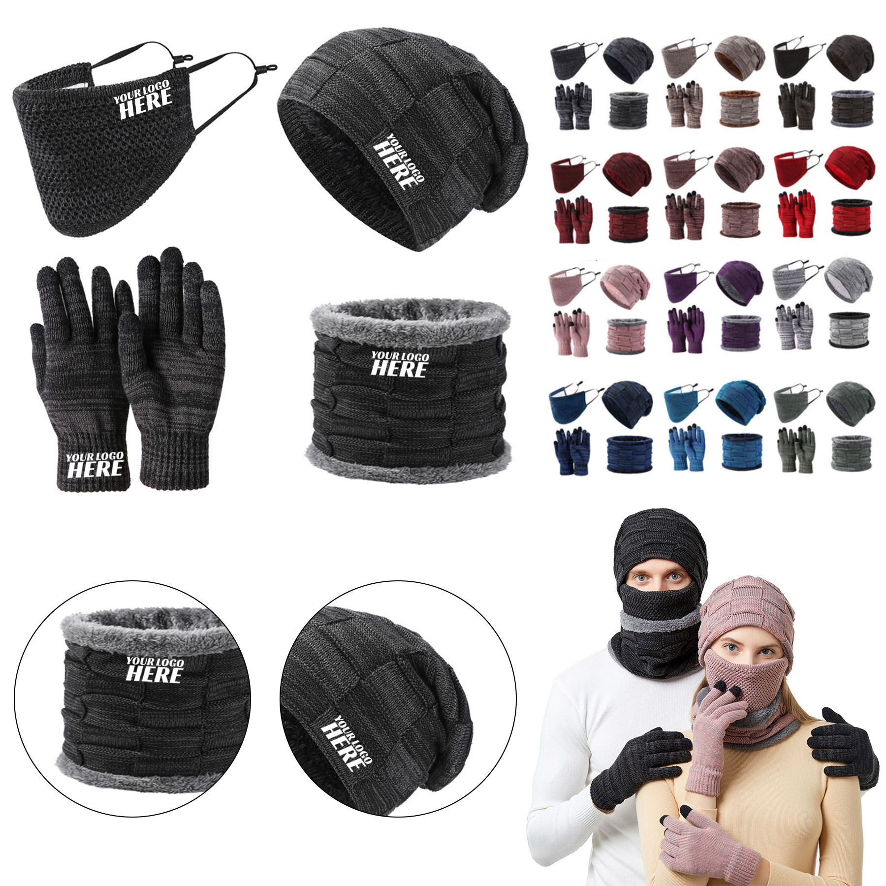 Unisex Winter Beanie Hat Touchscreen Gloves Warm Set  2