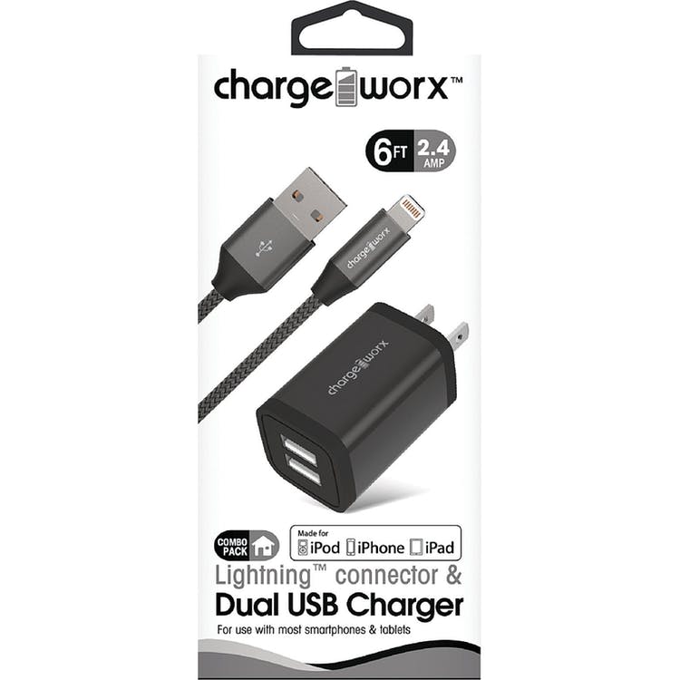 MFi Lightning Connector & Dual USB Chargers - Black 6' Cord 2.4A 1