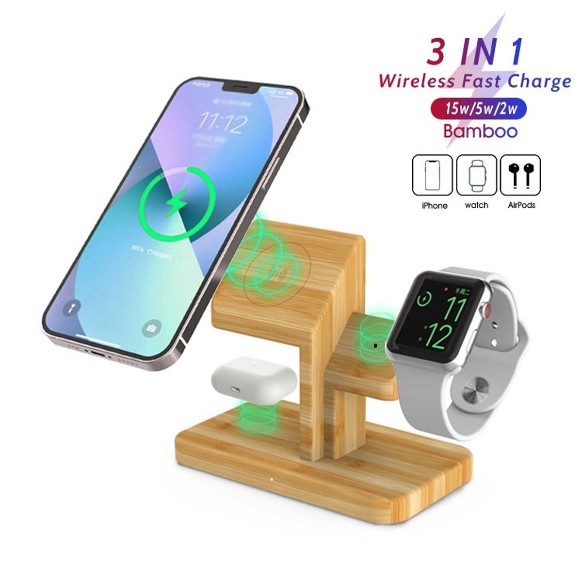 3 in 1 Bamboo Wireless Charging Station 1