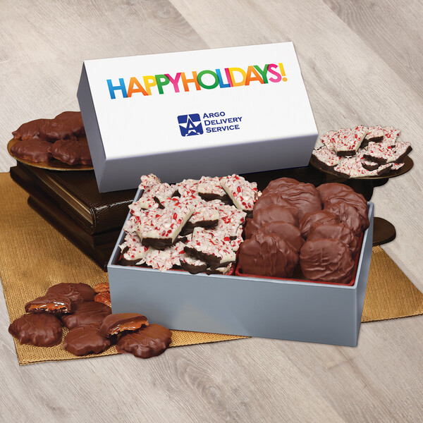 Peppermint Bark & Pecan Clusters in Gift Box with Happy Holidays Sleeve