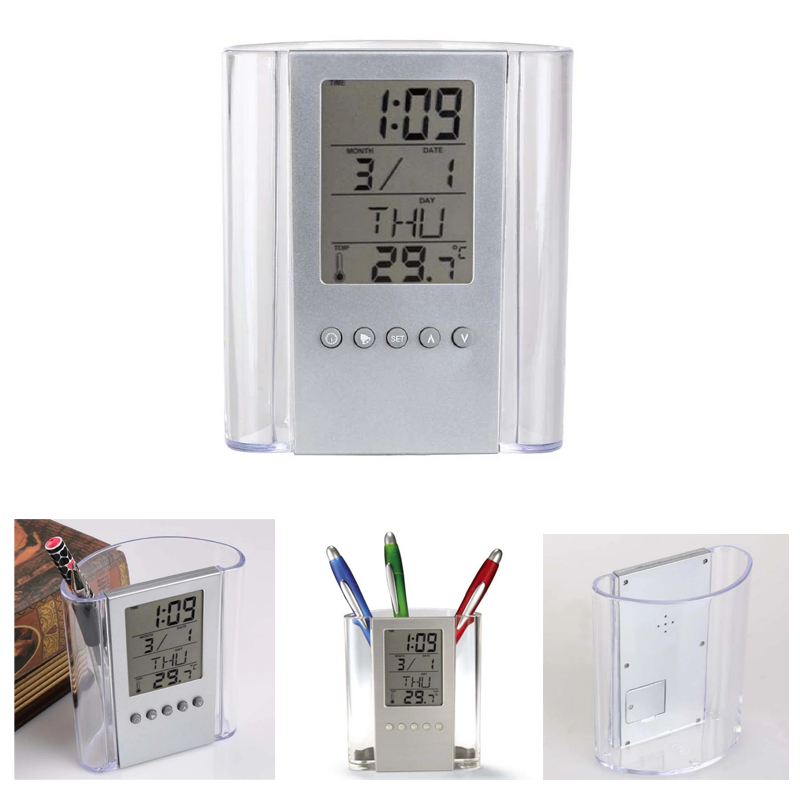 Clear Pen Holder with Calendar Clock Temp 2