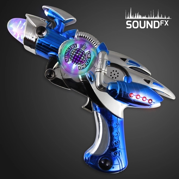 Large blue light up sound effects gun with spinning globe 2