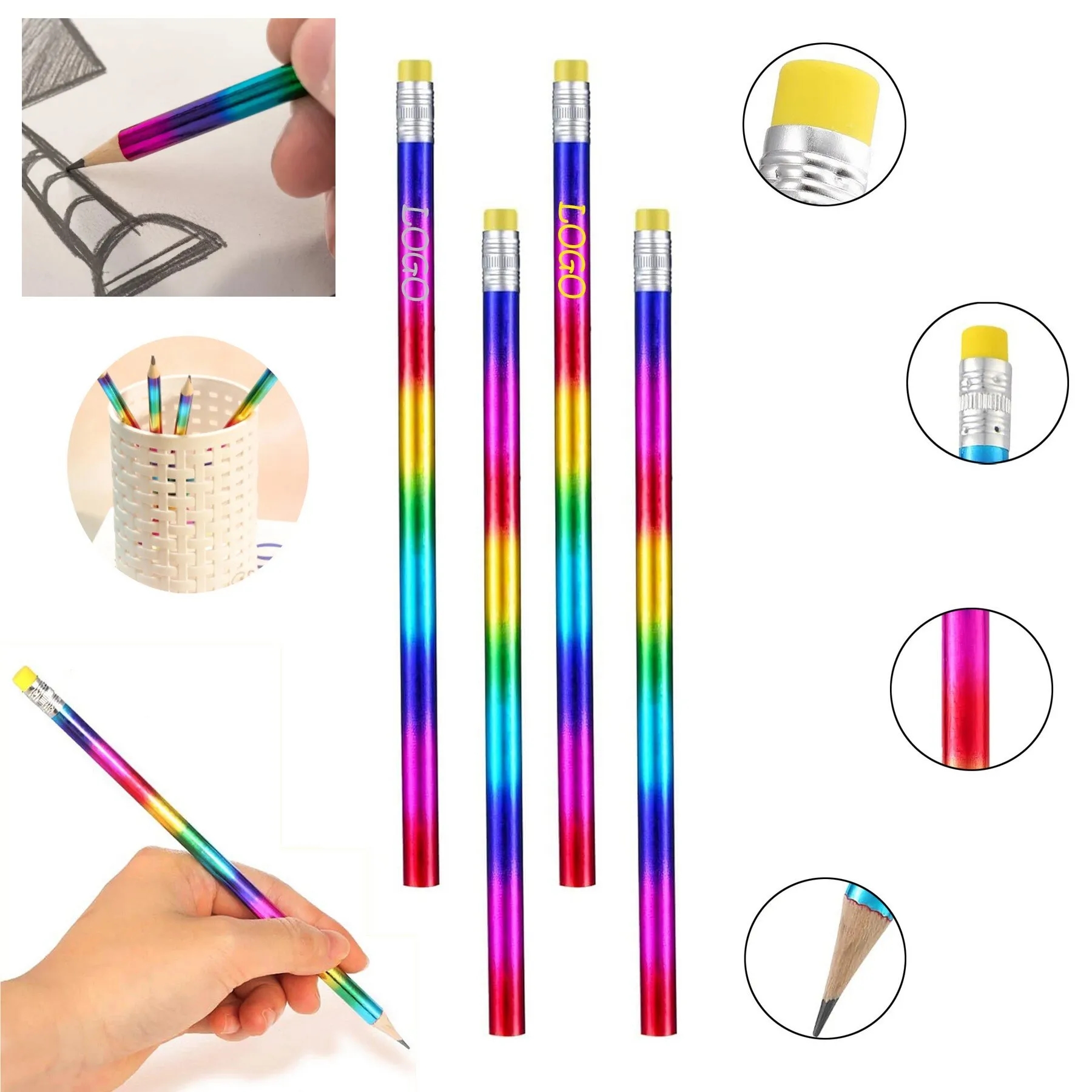 Rainbow Wooden Pencil With Eraser 5