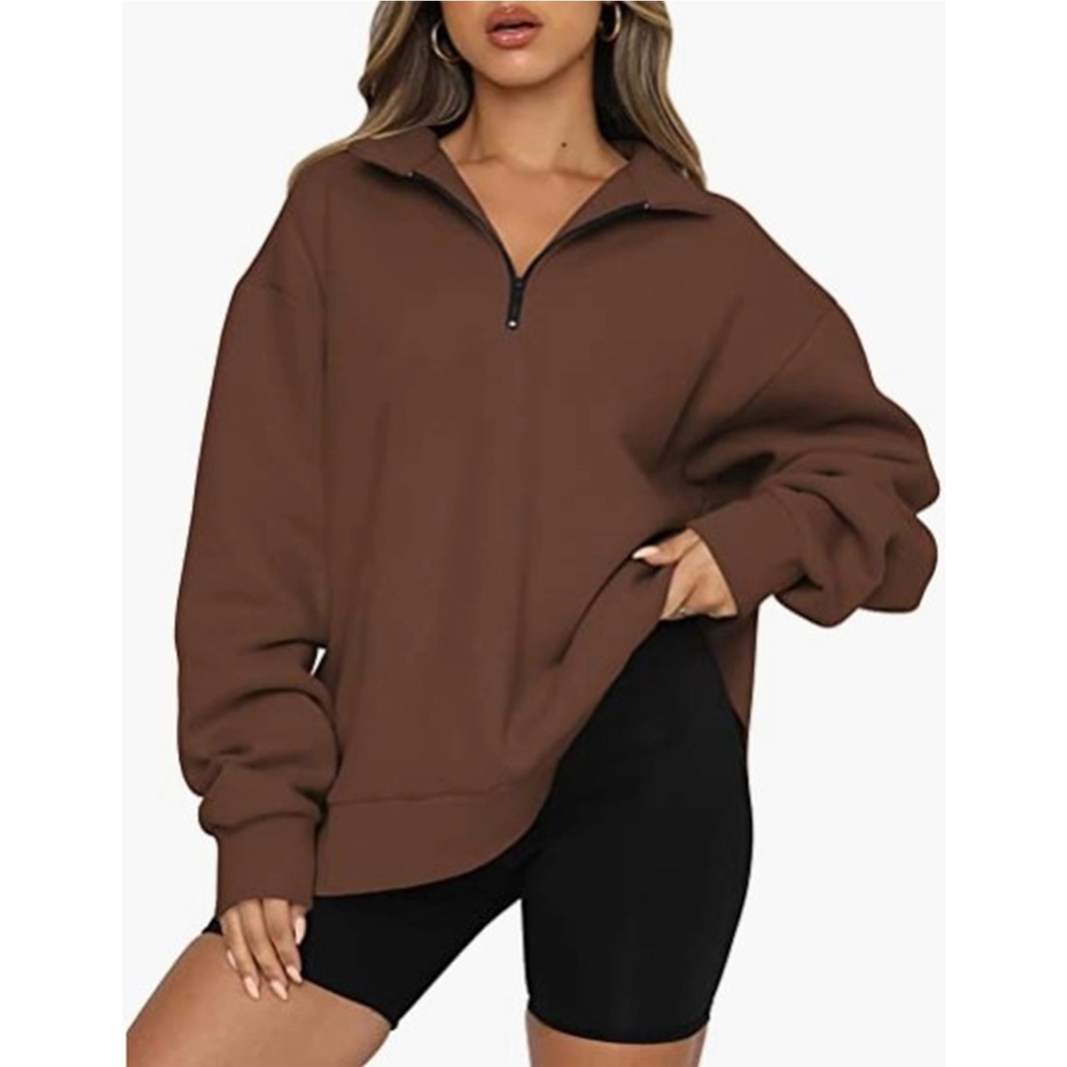 Womens Oversized Half Zip Pullover Long Sleeve Sweatshirt 13