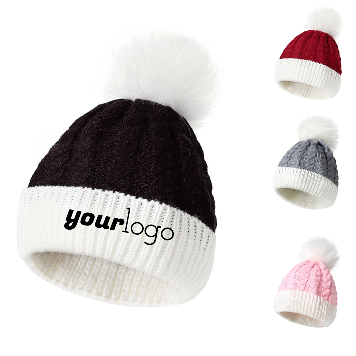 Double Pom Pom Baby Beanie Hat and Mittens Set for Winter 11