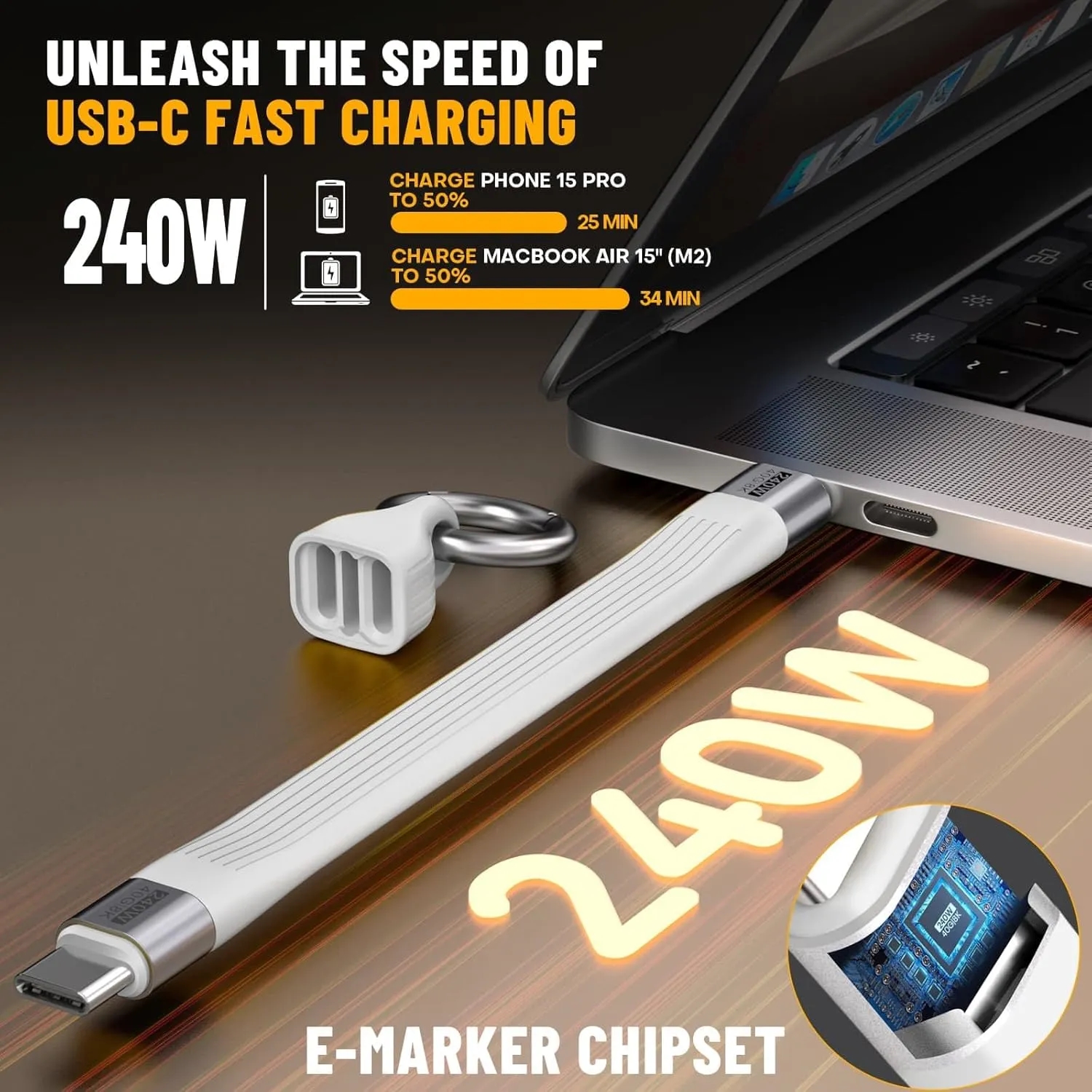 Short USB-C Cable Keychain 240W 5A Fast Charging Cord 5